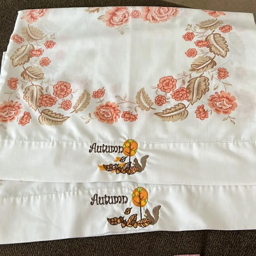 Set 2 Custom Autumn Embroidered White with Red/Brown Floral Accent Pillowcases